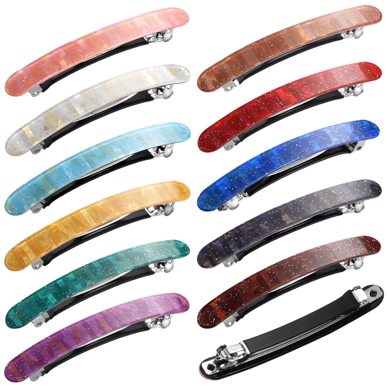 Photo 1 of 12 Pieces Hair Barrettes for Women Tortoise Shell Acetate French Skinny Clip Automatic Ponytail Barrettes 