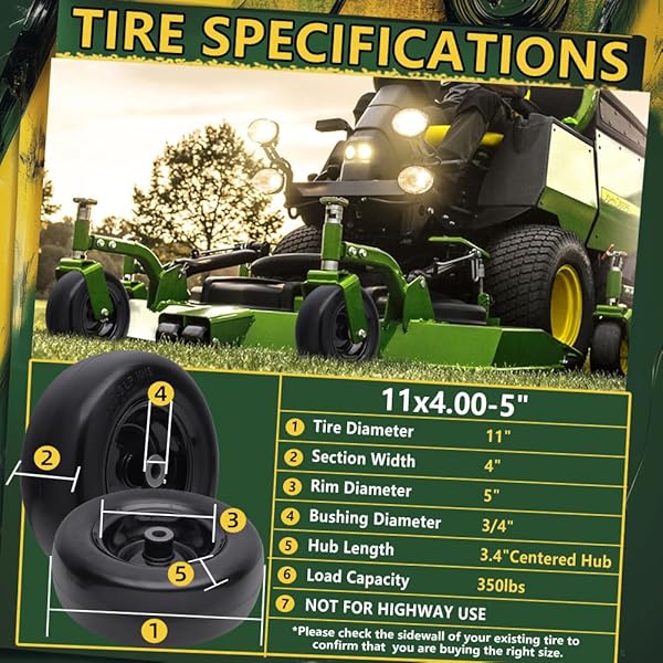 WILTIRE 11X4.00-5 FLAT FREE TIRE AND WHEEL (2 PACK),UNIVERSAL 11X4-5 SOLID SMOOTH TRACTOR TURF TIRE WITH RIM, 3.4″ CENTERED HUB AND 3/4″ & 5/8″ BUSHING, FOR ZERO TURN MOWERS AND RIDING LAWN MOWER