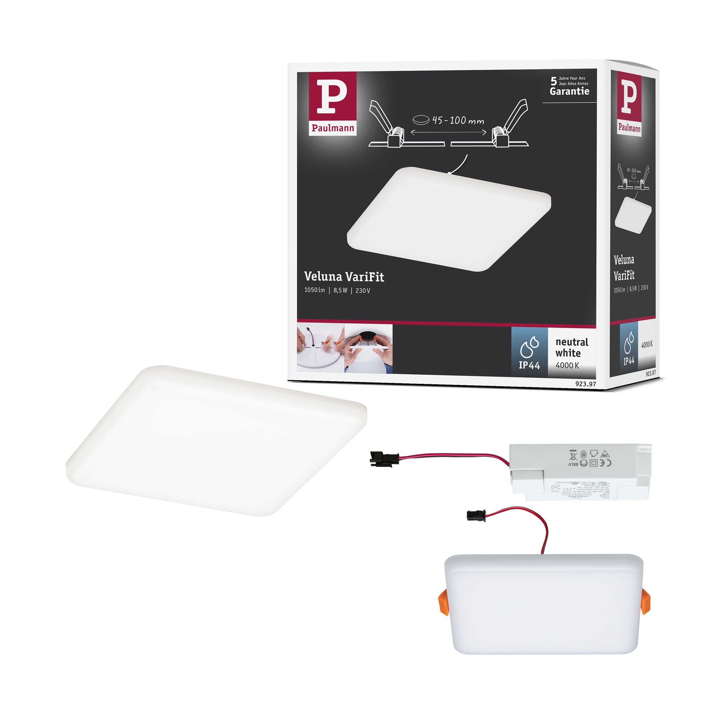 Paulmann 92397 LED Panel recessed luminaire Veluna VariFit IP44 Neutral White 125x125mm Rectangular incl. 1x8.5 watt Ceiling luminaire Satin Ceiling lamp Plastic Living Room lamp 4000 K — image 1