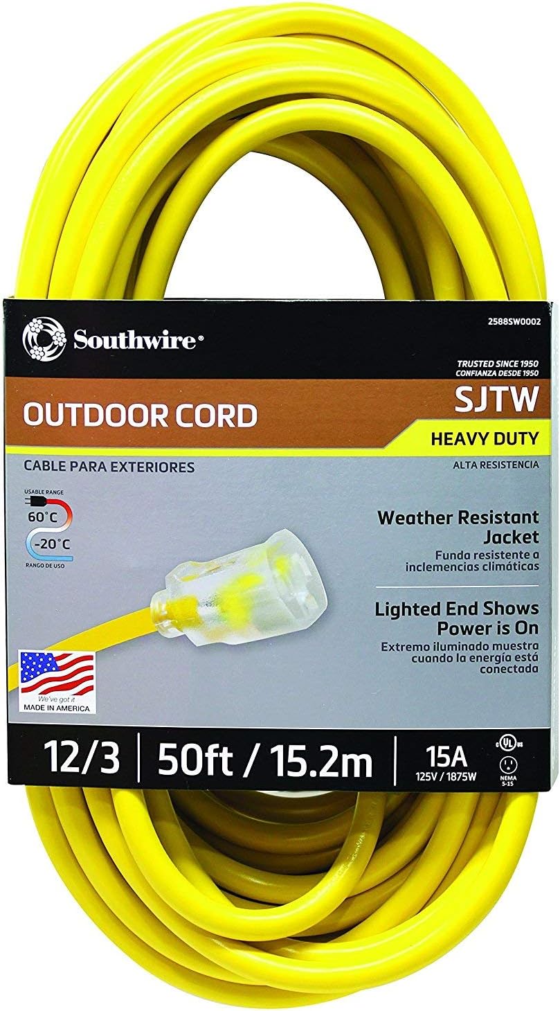 Southwire 2588SW0002 Outdoor Extension Cord- 12/3 American Made SJTW Heavy Duty 3 Prong Extension Cord- Great for Commercial Use, Gardening, and Major Appliances ( 50 Foot- Yellow) - - 