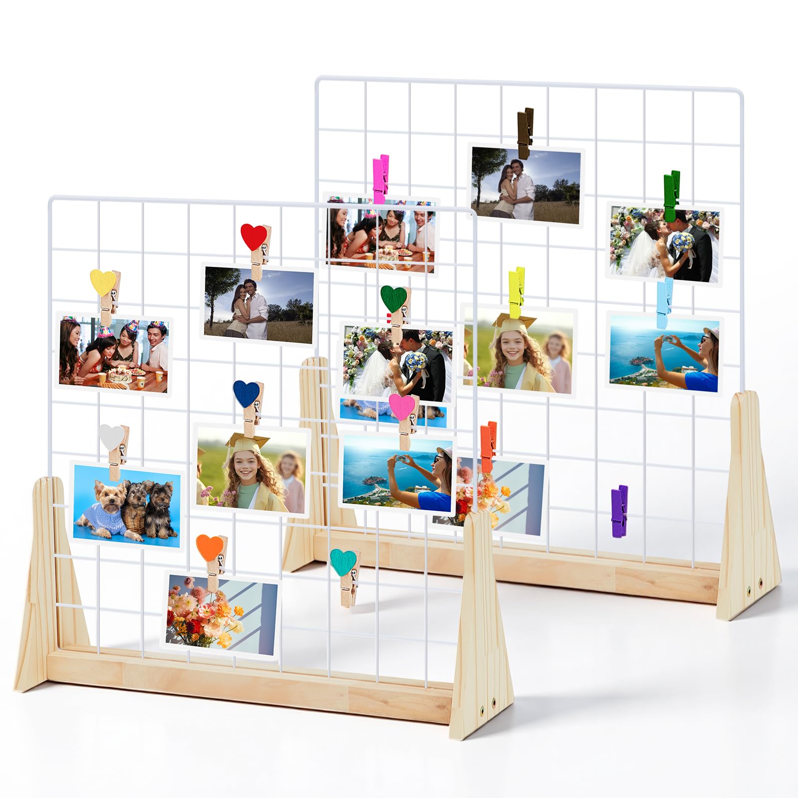 Photo 1 of 2 Sets Wedding Wall Grid Decorative Panel for Photo Display 19.3x18.5 Inch, Photo Display Panel, Wire Wall Grid, Desk Picture Manager, with 70 Wooden Clips for Shows Crafts Artistic Drawings Photos