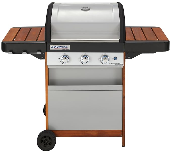 Campingaz Gasgrill 3 Series Woody LX, BBQ Grillwagen aus Holz mit 3 Edelstahlbrennern, Standgrill mit Deckel und Thermometer,