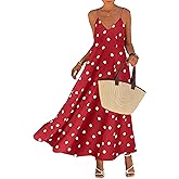 KIRUNDO Boho Maxi Dress for Women Summer Spaghetti Strap V Neck Polka Dot Flowy Long Beach Vacation Sundress with Pockets