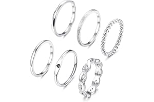 JeryWe 6 Pcs Stainless Steel Rings for Women Set Silver Knuckle Rings Stackable Simple Carve Heart Wedding Bands Engagement P