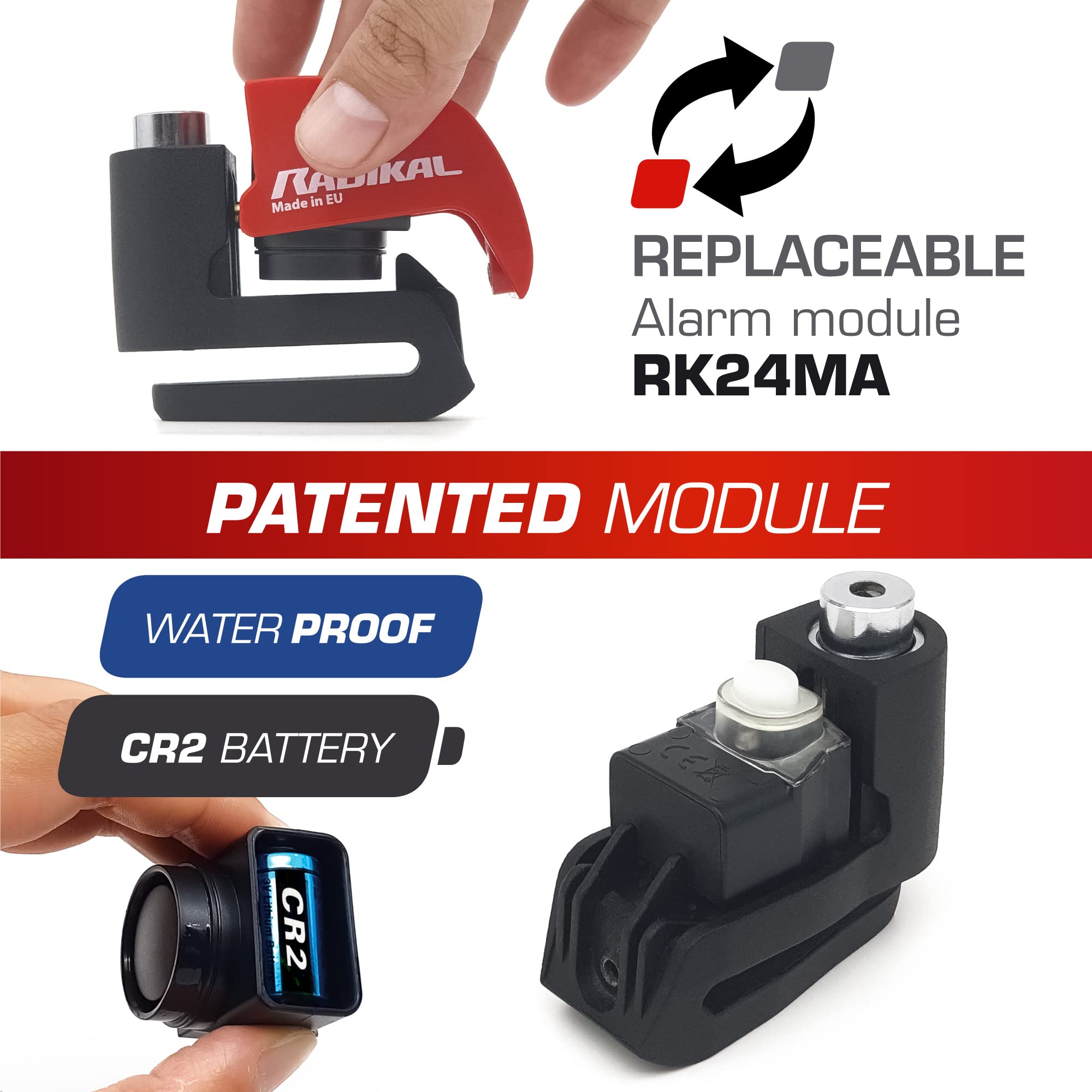 RADIKAL RK6 Disc Lock Alarm, Hi-End 120db Alarm, ON/Off Button, Warning LED, Waterproof Metal, Lithium Battery, Universal Anti Theft Wheel Brake Lock for Motorcycle, Scooter, Bike, Electric Scooter