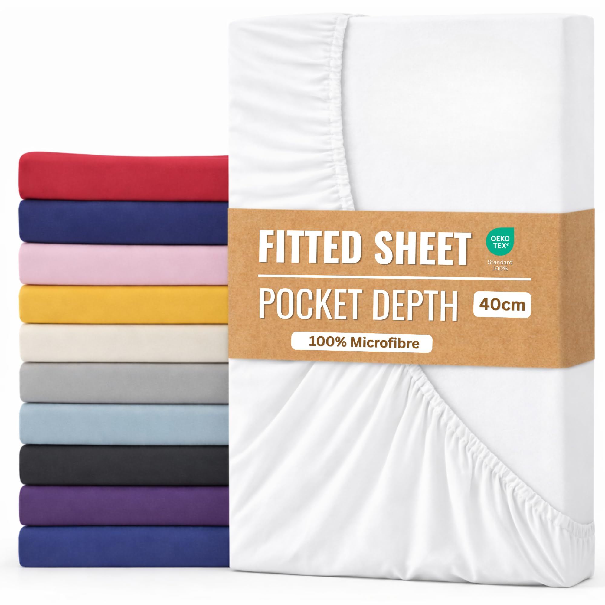 Fitted Sheet 40cm with Extra Deep Pockets - OEKO-TEX Certified Bed Sheet Single Size 90X190CM | Hotel Quality & Wrinkle Resistant | Brushed Microfibre Fitted Sheets (White, Single 40CM)