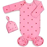 Mikccer Newborn Baby Girl Gown 0-6 Months, Super Soft Newborn Sleepers Gown, Long Sleeve Infant Nightgown for Girls, Baby Girl Outfit Essential with Folding Gloves Hat Set Pink Love