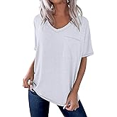HERILIOS Women's Oversized T-Shirt Short Dolman Sleeve V-Neck Tee Boxy Fit Drop Shoulder Top Loose Shirt with Chest Pocket