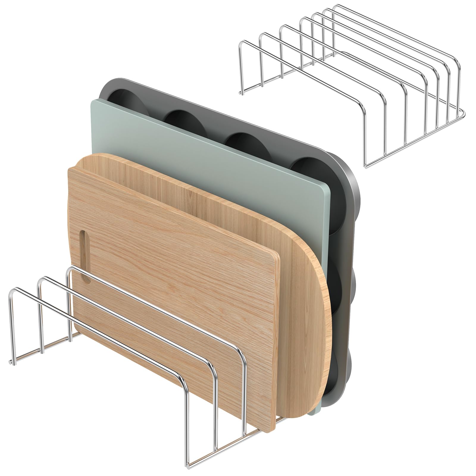 Photo 1 of [2-Pack] Large Cutting Board Organizer, Cutting Board Holder Rack Baking Cookie Pan Sheets Cooling Racks Storage Stand for Kitchen Cabinet -Divided Holder with 6 Slots (Chrome)