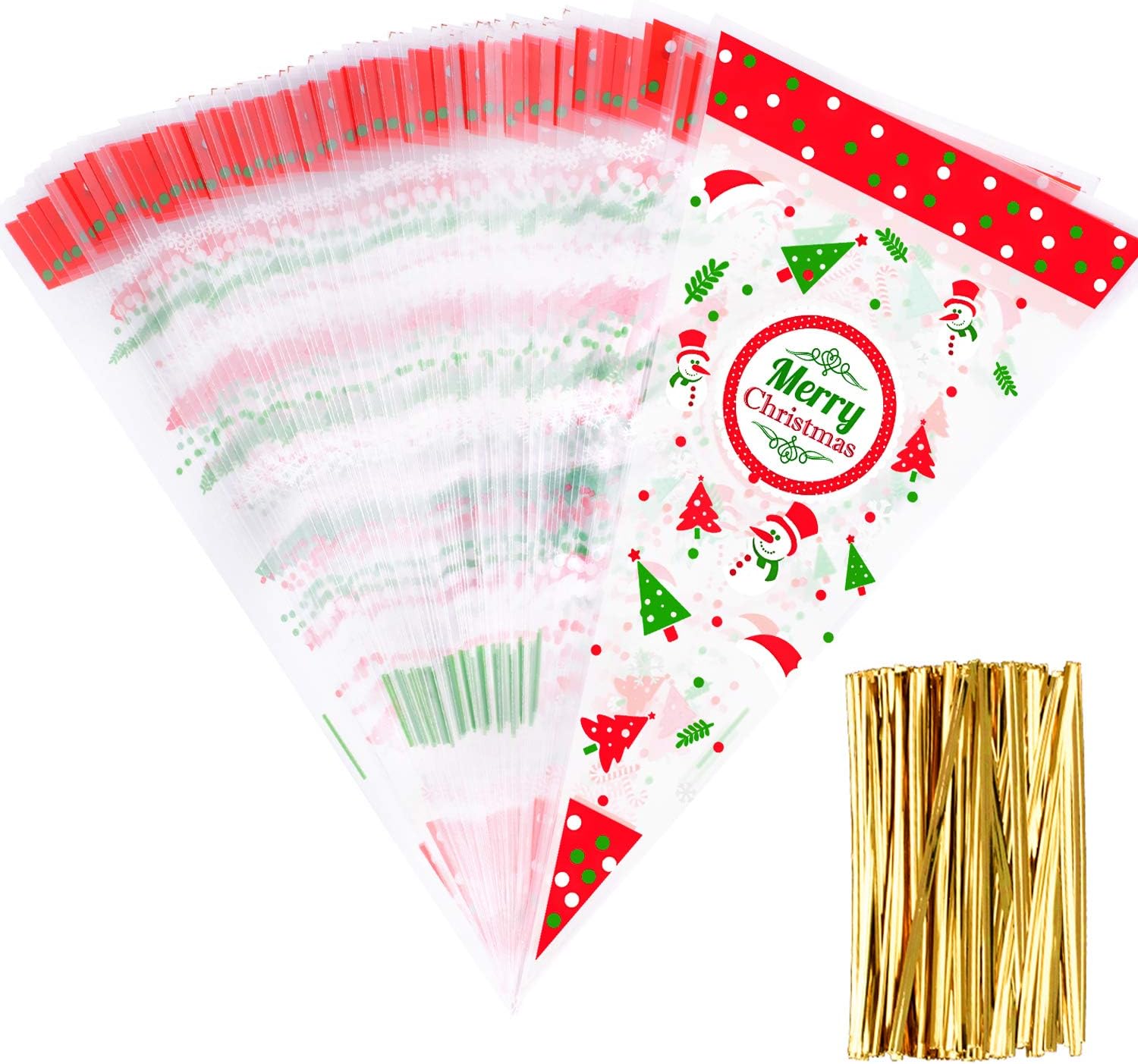 Whaline 100 Pieces Christmas Cello Cone Bag Clear Cello Bag Popcorn Bag with 100 Gold Twist Ties for Christmas Party Festival Favor