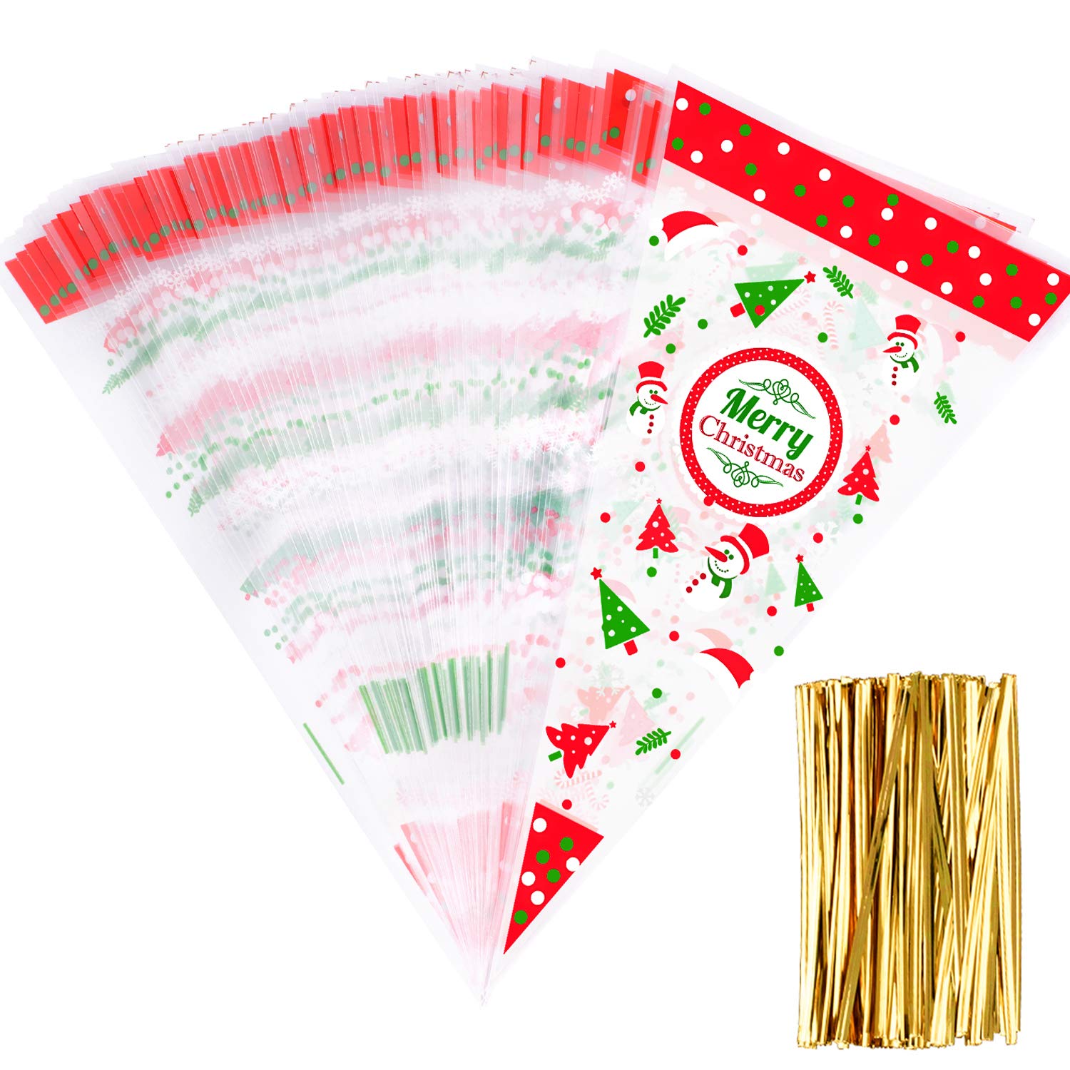 Whaline 100 Pieces Christmas Cello Cone Bag Clear Cello Bag Popcorn Bag with 100 Gold Twist Ties for Christmas Party Festival Favor