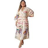 feslieacc Women's Floral Long Satin Robes Plus Size Long Silk Robes Peacock Floral Kimonos Sleepwear Dressing Gown