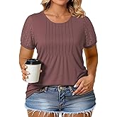 VISLILY Womens-Plus-Size-Summer-Tops Dressy Lace T Shirts Trendy Short Sleeve Blouses Flowy Pleated Crewneck Tunics XL-5XL