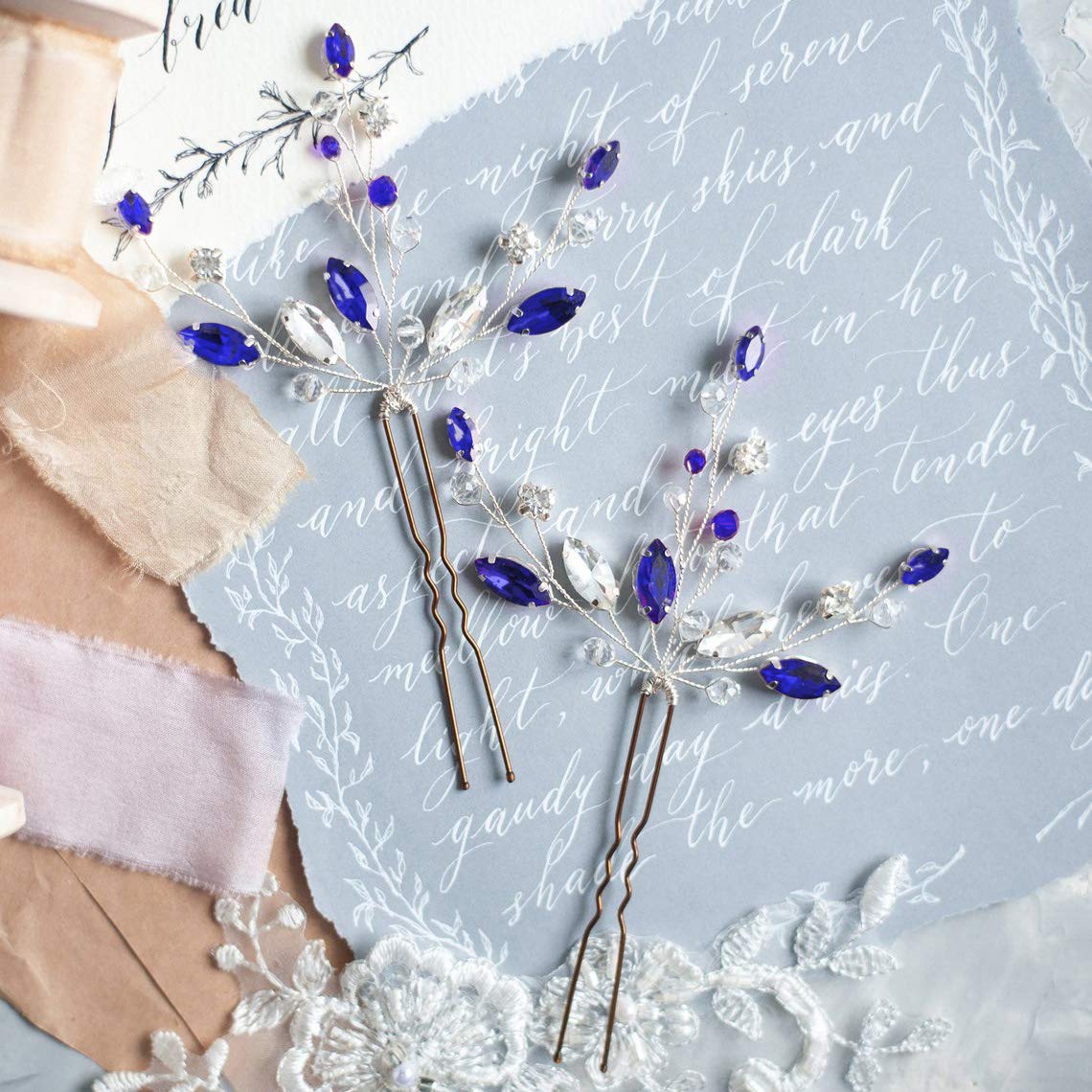 Kercisbeauty (Set of 2) Handmade Bridal Bridesmaids Flower Girl Pink Champagne Rose Gold Pearl Beads Hair Pins Headpiece for Wedding and Party (Silver) (Blue) : Beauty