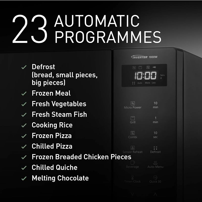 NN-GT65QBEPG 31 L Four à Micro-Ondes Combiné, 1 000 W, Cuisson Combinée, 7 Niveaux de Puissance, Décongélation Turbo, LED, Plateau Tournant, Noir