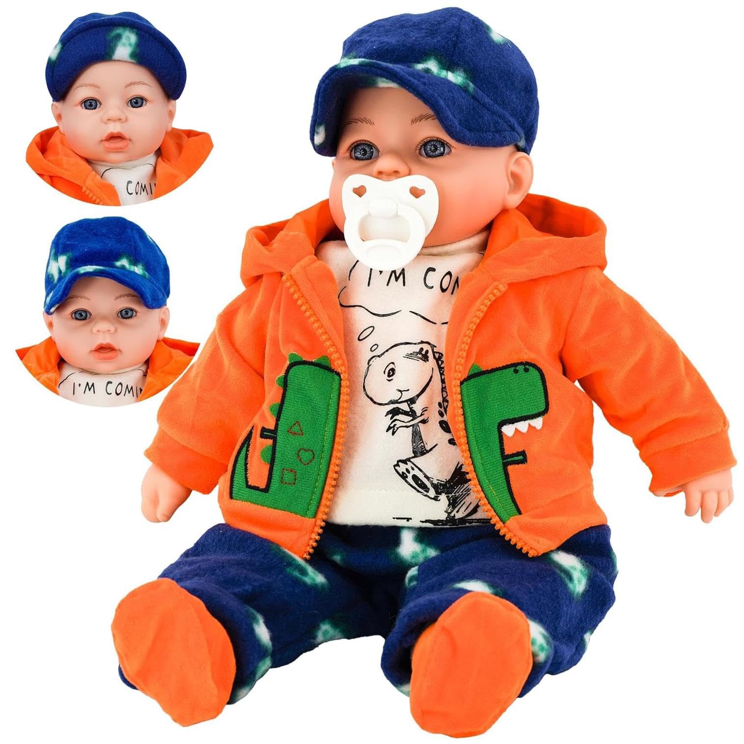 BiBi Doll 18" Baby Boy Doll with Dummy & Sounds - Lifelike, Soft Body, Dinosaur Theme Orange Hoodie Outfit, Realistic Toy for Girls & Boys Aged 18 Months+