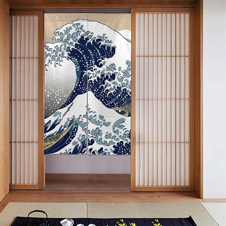 Amazon のれん 神奈川沖の大波 玄関カーテン おしゃれ 和風 暖簾 ロング 断熱 遮光 四季兼用 ドア ベランダ 勝手口 のれん オンライン通販