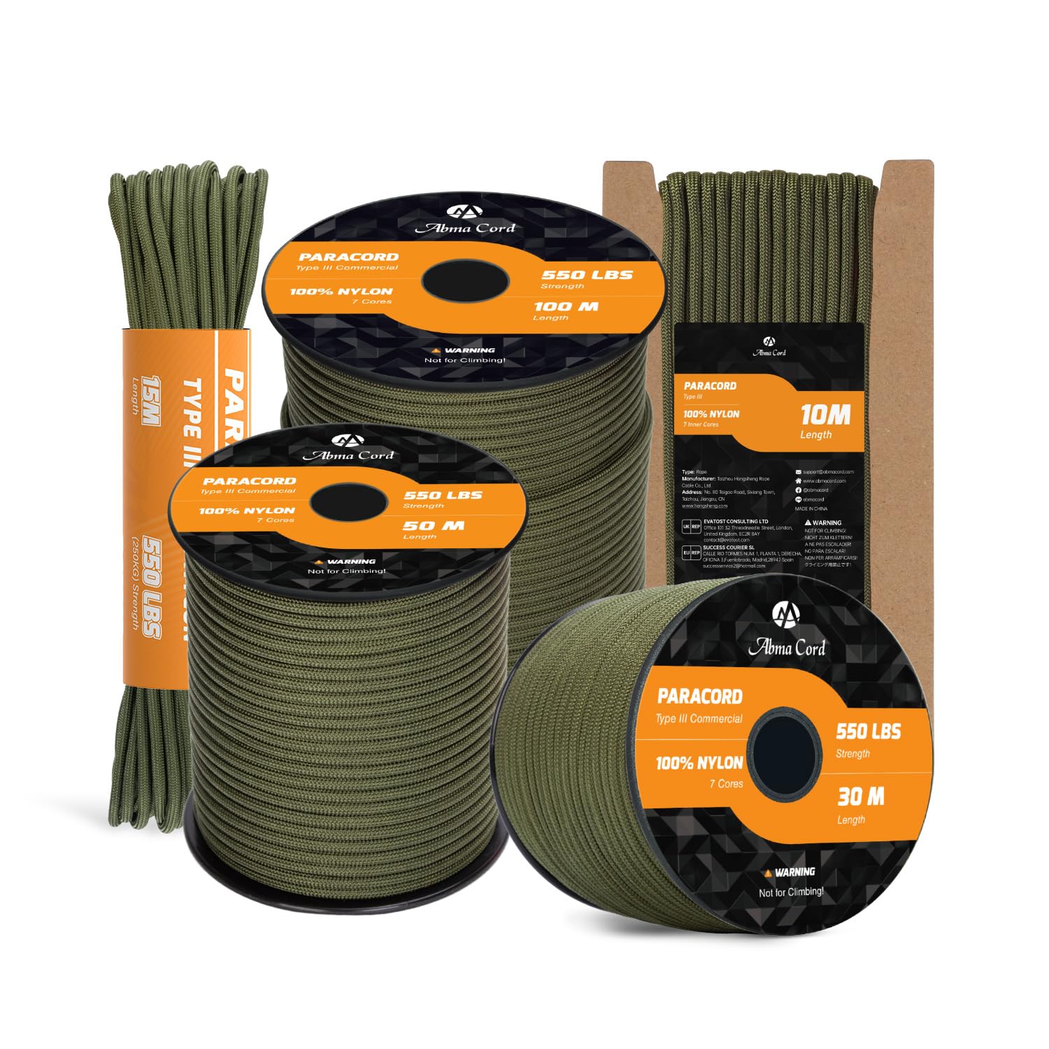 Abma Cord Paracord 550 4mm 15m 100% Nylon Rope Type III 7 Strands Parachute Cord for DIY, Camping, Survival, Outdoor - Max. 250kg - Army Green