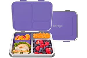 Bentgo Kids Stainless Steel Leak-Resistant Lunch Box - 3-Compartments with Bonus Silicone Container, Durable, Eco-Friendly, Dishwasher Safe, BPA-Free, Ideal for School, Ages 3+ (Purple)