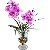 Svndlyn Artificial Purple Orchid Flowers in Glass Vase Phalaenopsis Flowers Potting and Fake Fleshiness Ornament for Home Bathroom Office Table Centerpiece Room Decorations