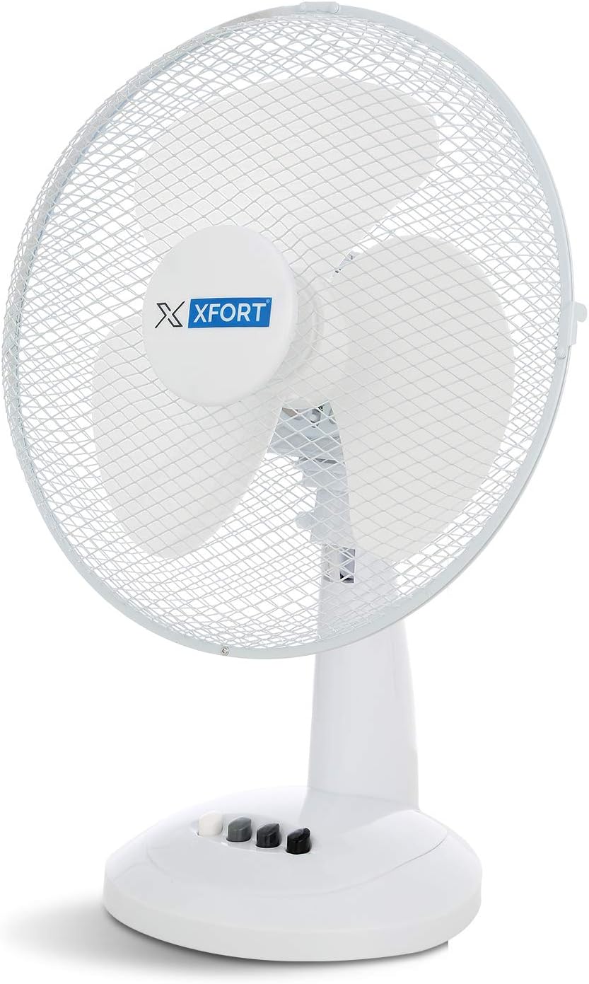 :XFORT® 12 Inch Oscillating Desk Fan with 3 Speed Settings, Adjustable & Compact Electric Cooling Fan with Quiet Operation, Essential Companion for the Summer [White]