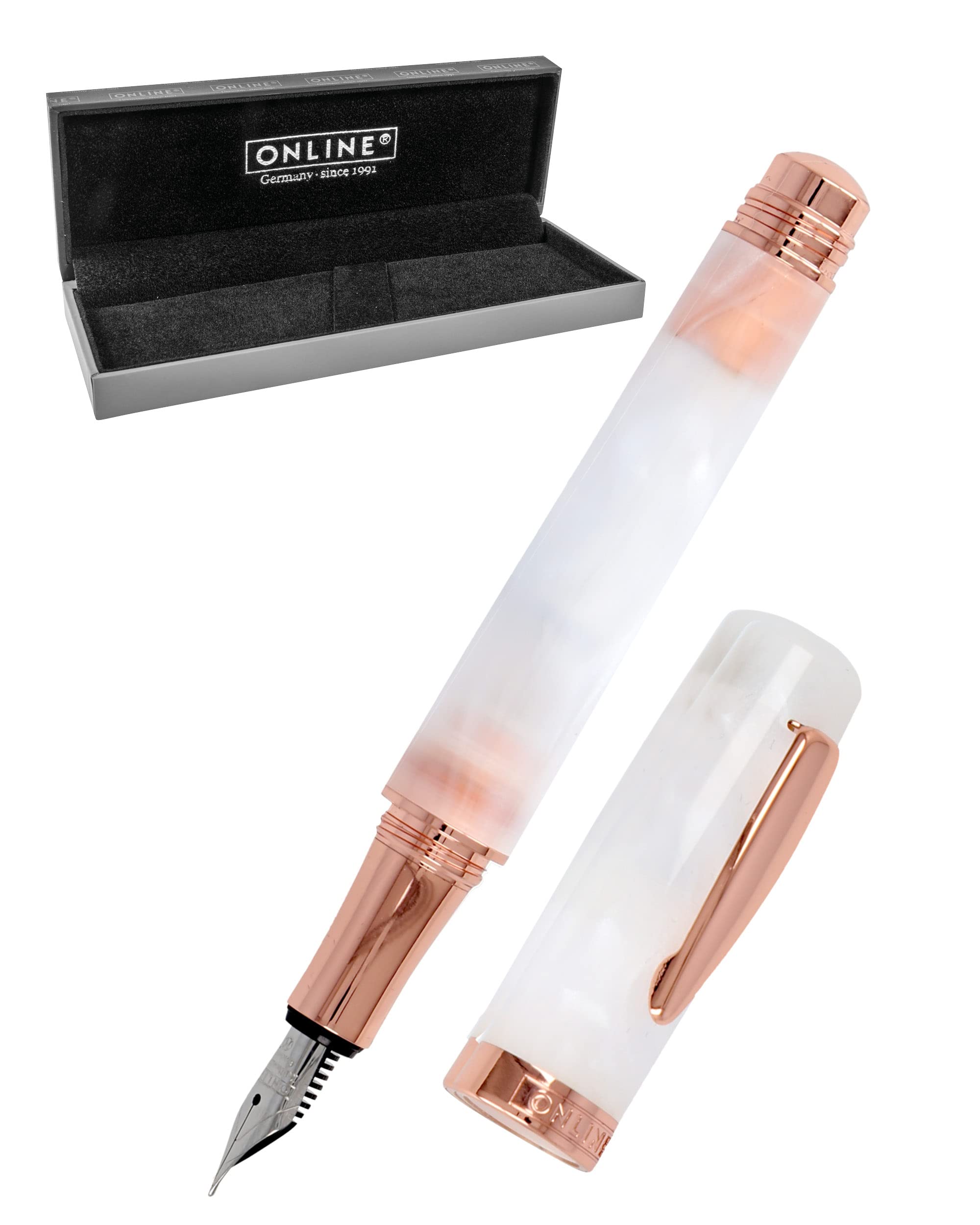 Online Bohemian Art White Rose Fountain Pen I Made of Resin and Acrylic I High-Quality Fountain Pen with Iridium Nib M (Medium) I Fountain Pen for Standard Ink Cartridges I in Elegant Retro Gift Box 44032