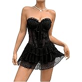 WDIRARA Women's Strapless Lace Up Corset Dress Sheer Layered Ruffle Fairy Mini Tube Dresses