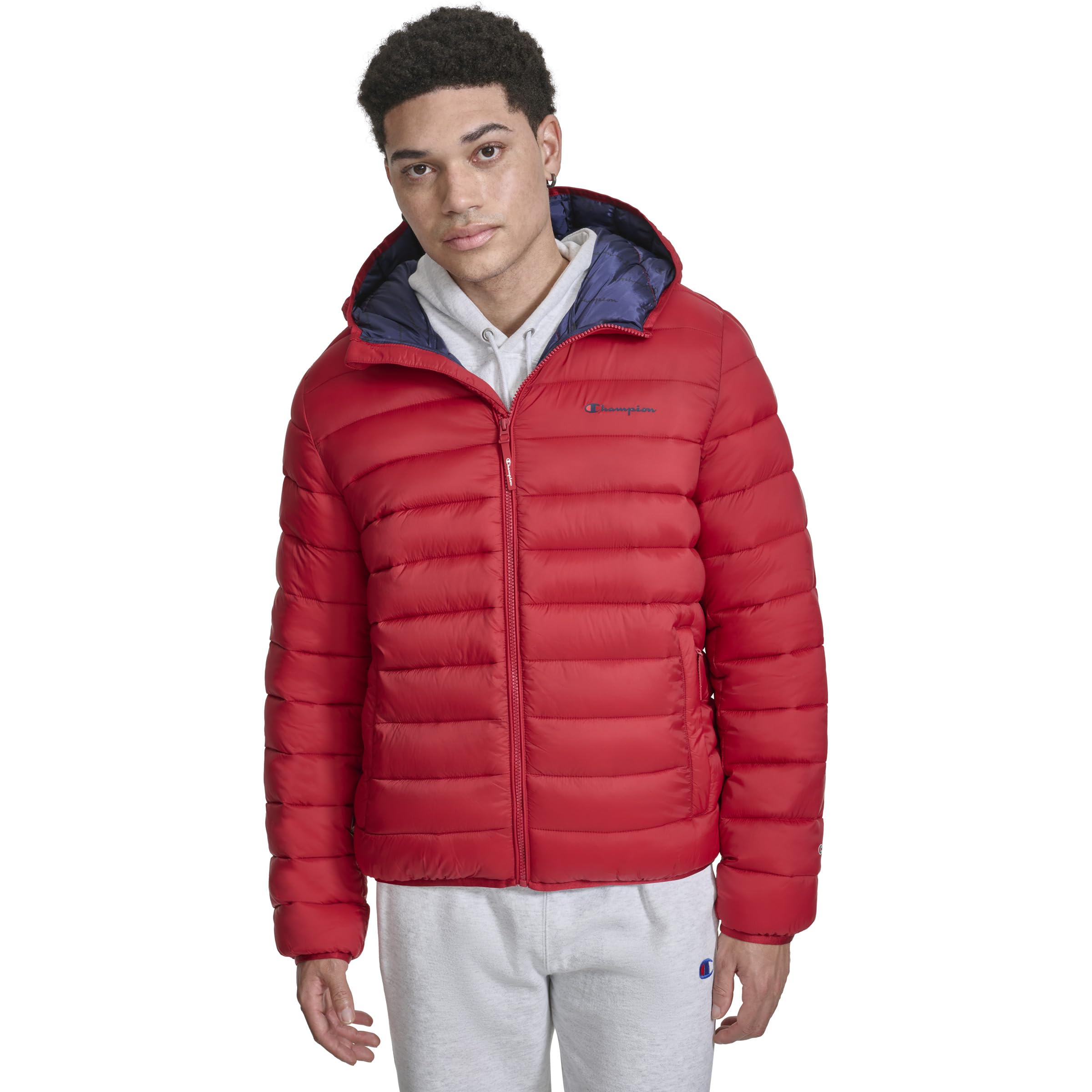 Champion Men’s Performance Lightweight Puffer Jacket with Hood, Chili Pepper, Large