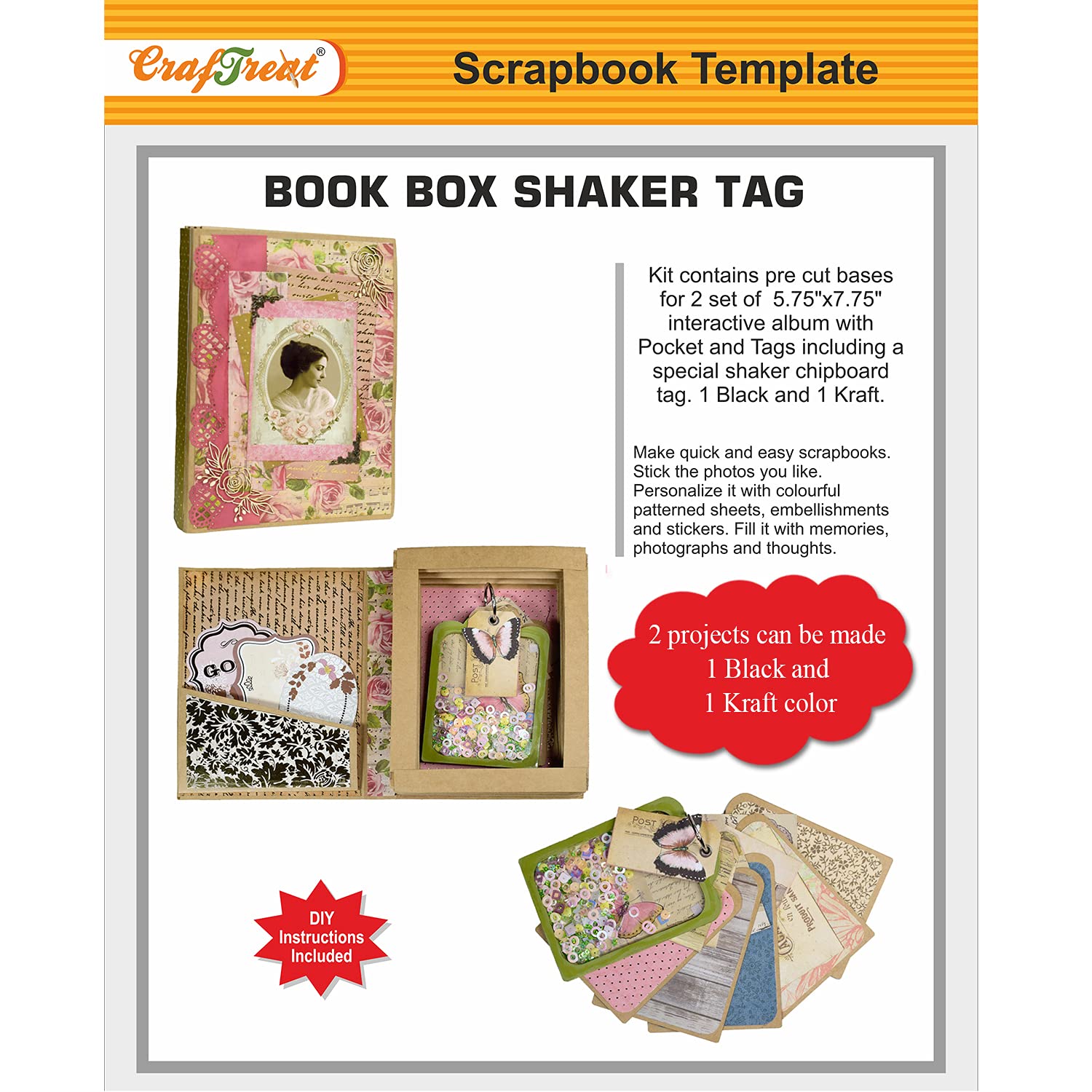 CrafTreat Box Scrapbook for Wedding, Kids and Family,Contains Precut Base for Making 2 Albums of Book Box Shaker Tag (1 Black & 1Kraft Color) 5.75X7.75,Scrapbooking Kits for Adults Women