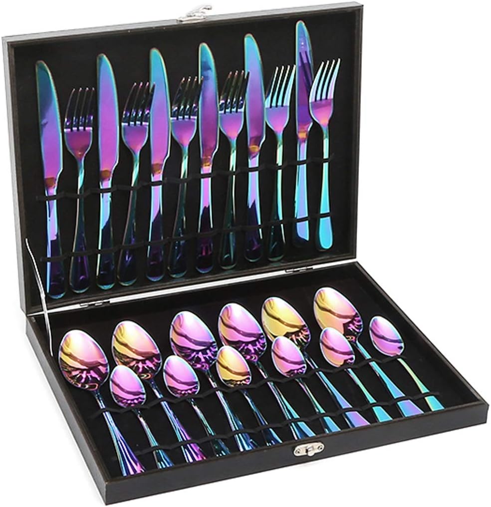 Lightahead 24pcs Rainbow colored Iridescent Stainless Steel Flatware Tableware Cutlery Set in attractive Black Gift Box (Multicolored)