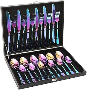 Lightahead 24pcs Rainbow colored Iridescent Stainless Steel Flatware Tableware Cutlery Set in attractive Black Gift Box (Multicolored)