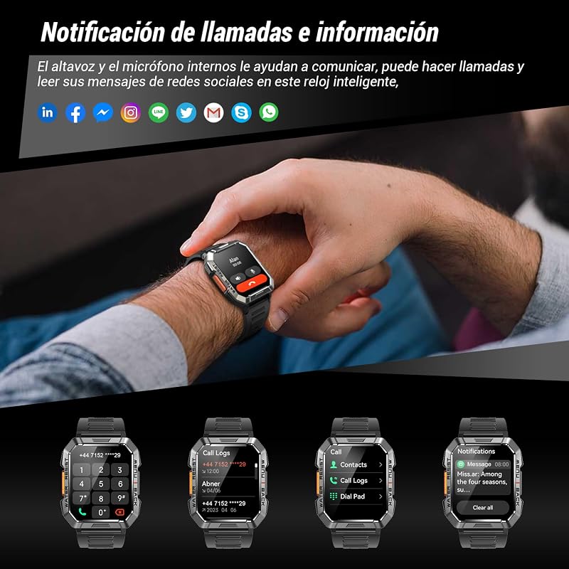 Reloj Inteligente Hombre con Linterna y Brújula,2.01" Militar Smartwatch Hombre Llamadas Bluetooth/Notificación,IP68,Monitor de Sueño,Pulsómetro,SpO2,Podómetro,100+Modos Deportivos para Android iOS
