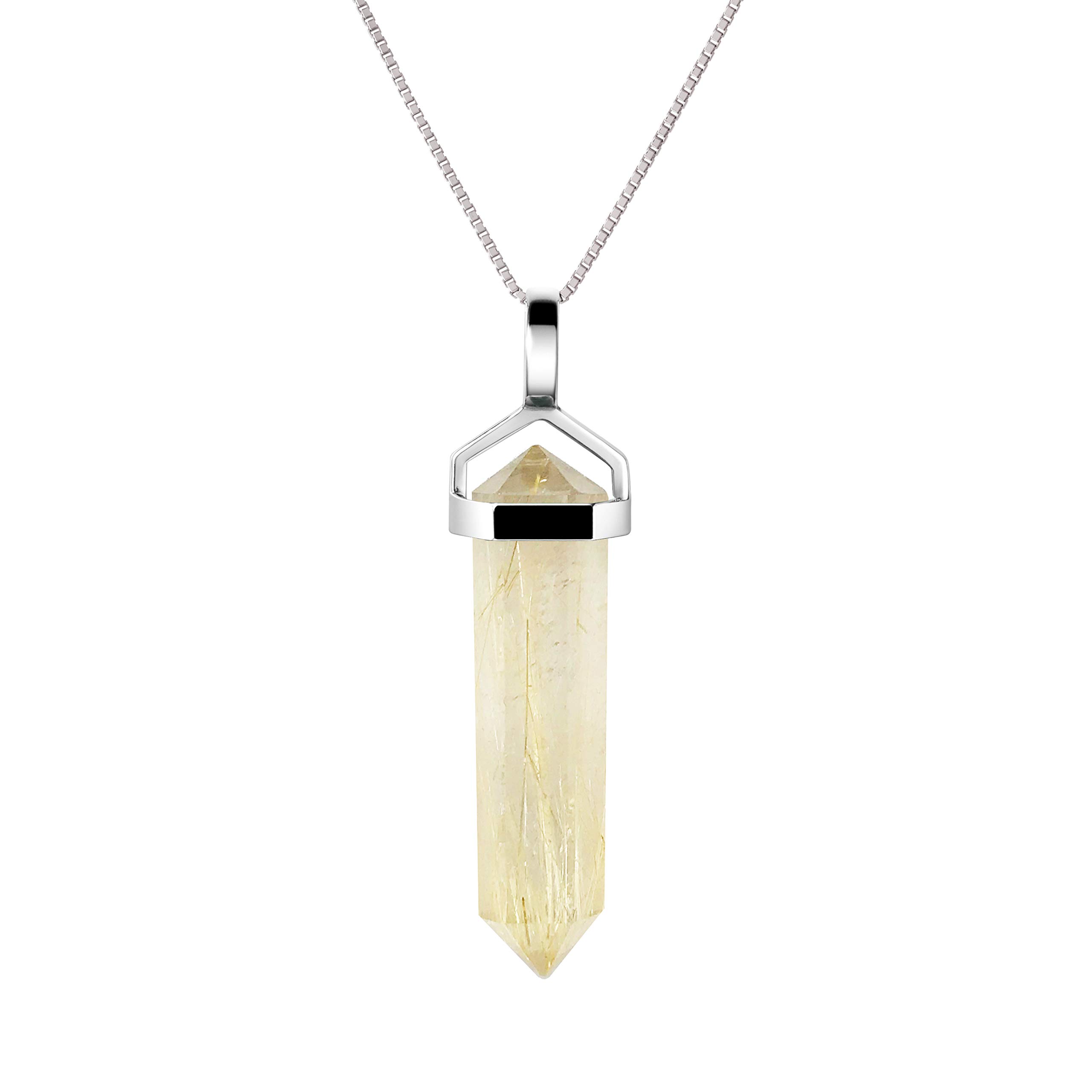 Franki Baker Natural Gold Rutilated Quartz Gemstone & Sterling Silver Double Point Pendant Necklace. Pendant Length: 4cm. Chain Length: 50cm