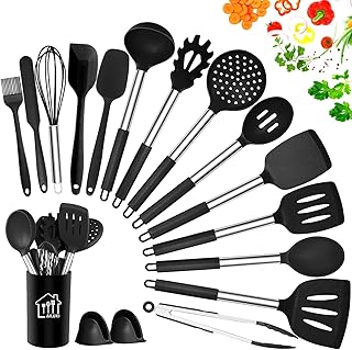 AILUKI Silikon Kochgeschirr Set, Küchengerät 17 Stück Küchenhelfer Set, Antihaft Hitzebeständiger Silikonspatel Set, Küchenutensilien mit Edelstahlgriff Schwarz