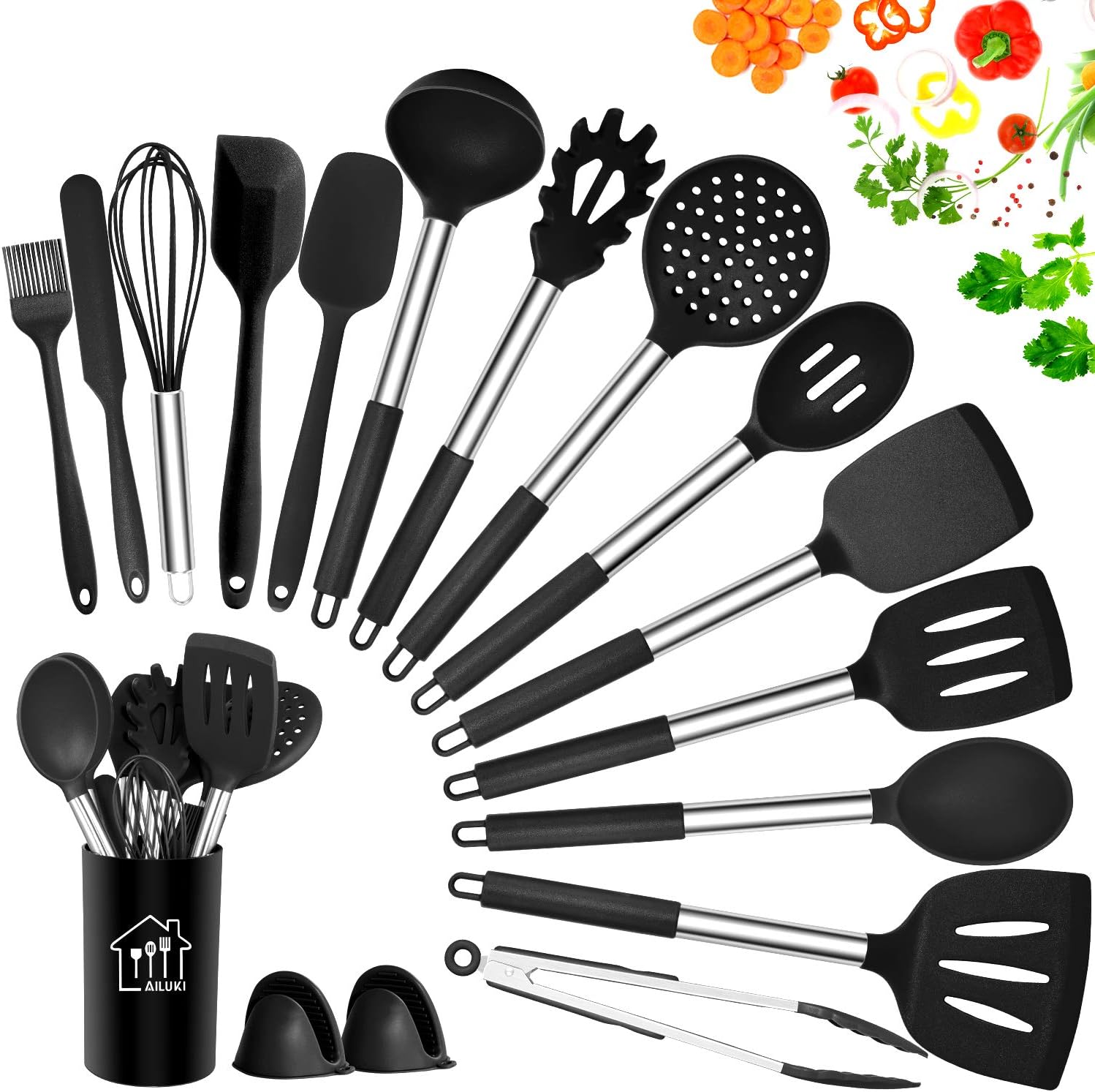 AILUKI Silikon Kochgeschirr Set, Küchengerät 17 Stück Küchenhelfer Set, Antihaft Hitzebeständiger Silikonspatel Set, Küchenutensilien mit Edelstahlgriff Schwarz