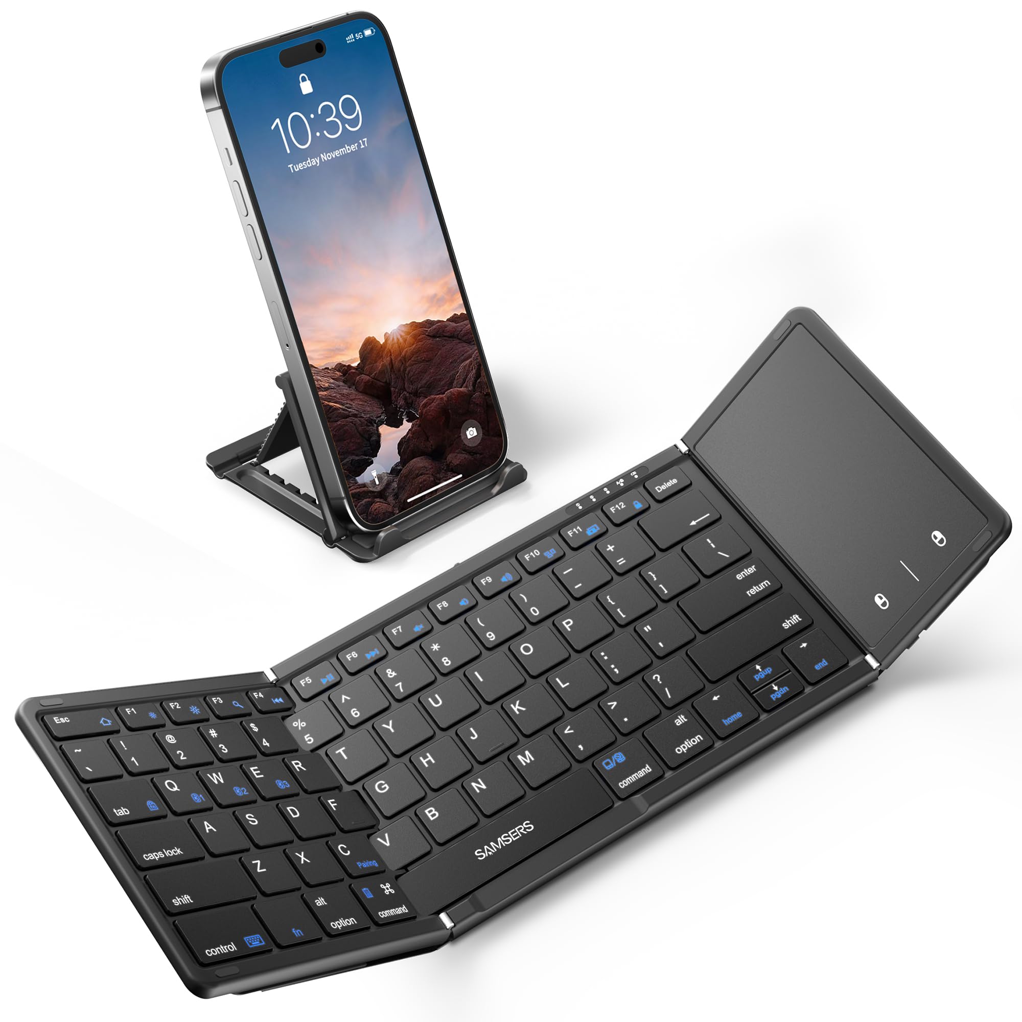 Photo 1 of Samsers Foldable Bluetooth Keyboard with Touchpad, Full-Size Wireless Folding Portable Travel Keyboard for iOS Android Windows Mac OS, Support 3 Devices (BT5.1 x 3), Black