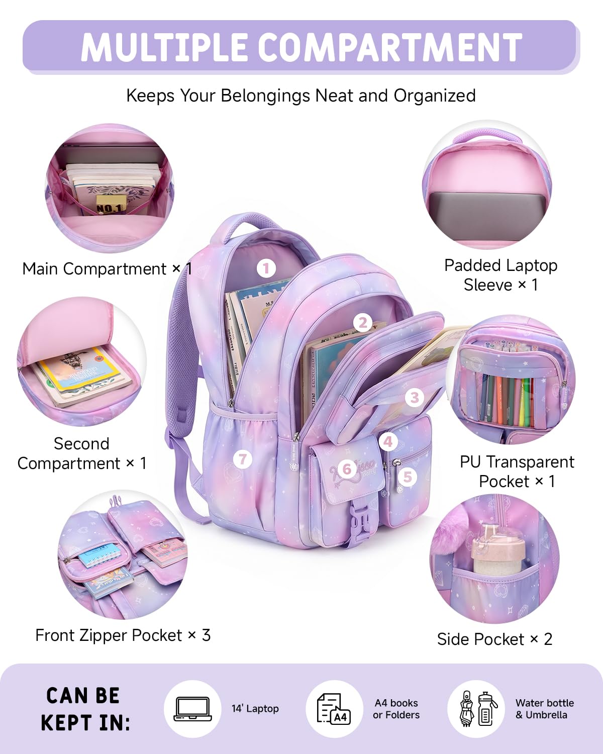Tanou Schultasche Mädchen Rucksack Schule Mädchen der 1. bis 4. Klasse 3