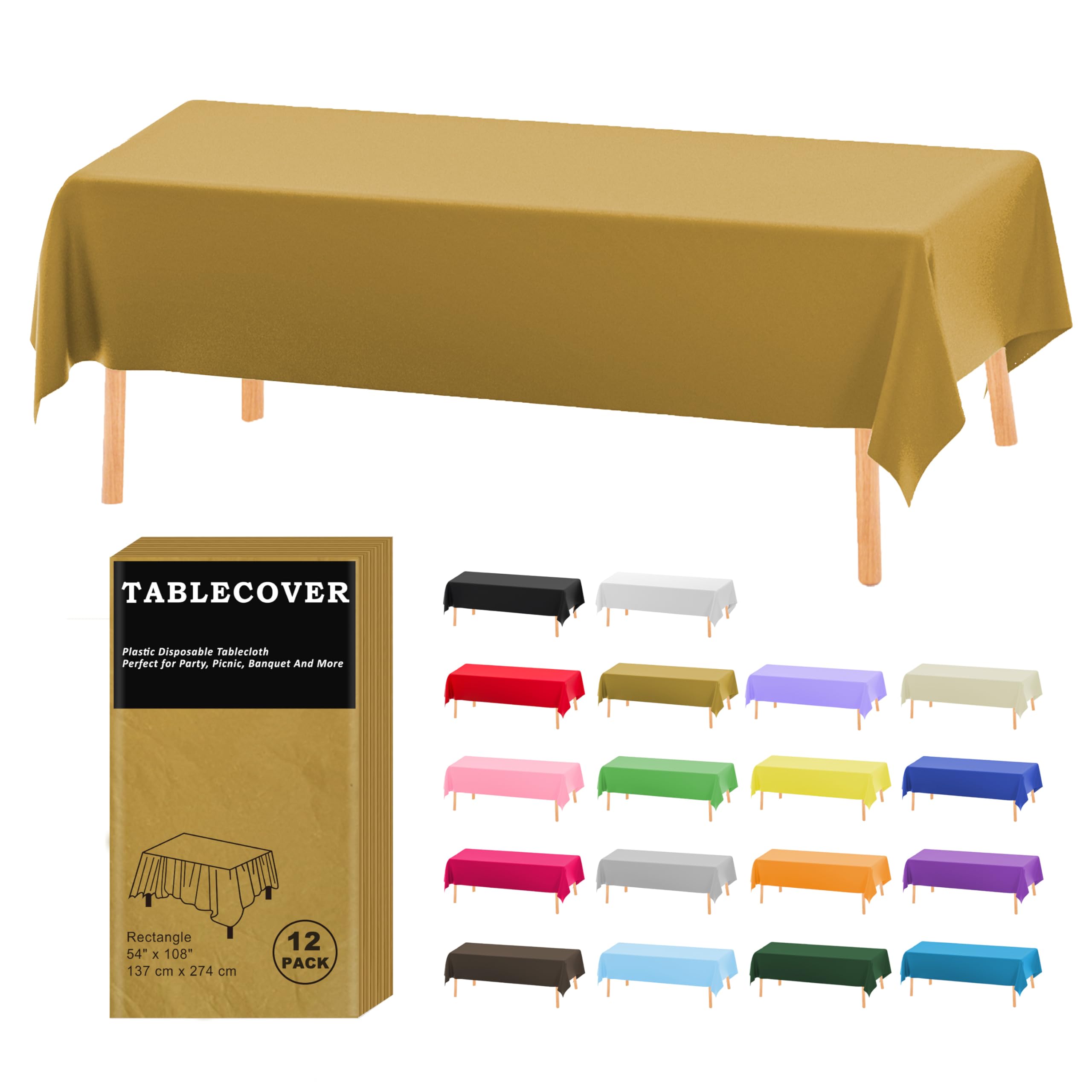 Photo 1 of **Only 5** D&Z Plastic Tablecloth Disposable, 12 Pack Gold Table Cloth Individually Wrapped for Indoor&Outdoor, 54 x 108 Inch Table Cover for Rectangle Table Ideal for Party, Picnic, Birthday, Wedding & Dinner