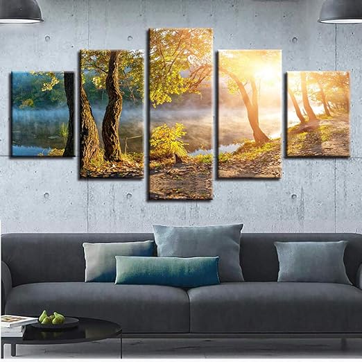 Amazon アートパネル モダン インテリア アート キャンバス絵画 サンシャイン風景画 Hdプリント絵画 ペインティング リビングルーム ベッドルーム 家の装飾 北欧 壁絵 アートフレーム 5枚セット ウォールステッカー オンライン通販