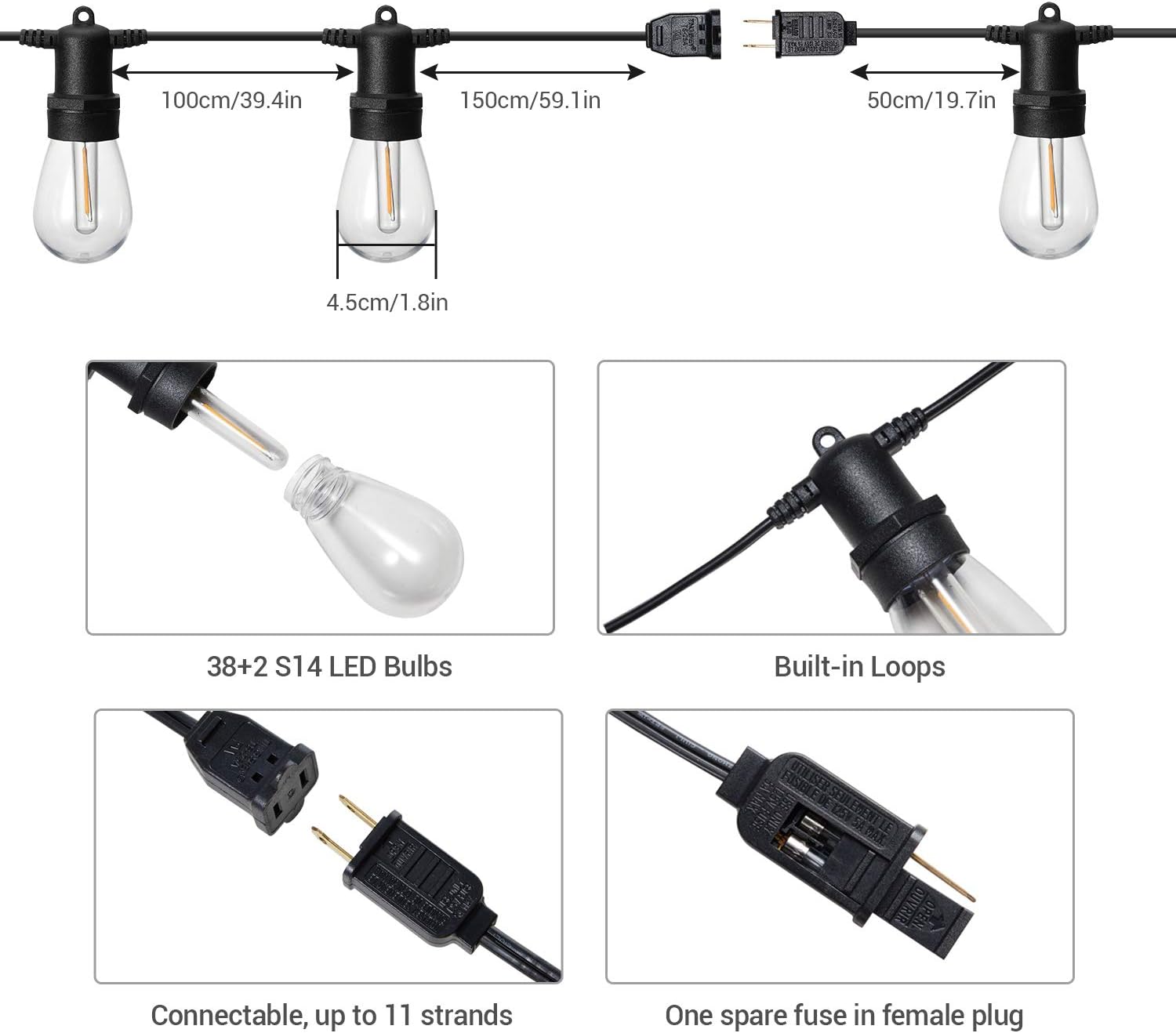 OxyLED LED Outdoor String Lights with 40 Dimmable Vintage Plastic Bulbs, 128 Ft Hanging Bulb String Lights Waterproof, Garden String Lights for Bedroom Patio Yard Wedding Party Christmas, Warm White - - 