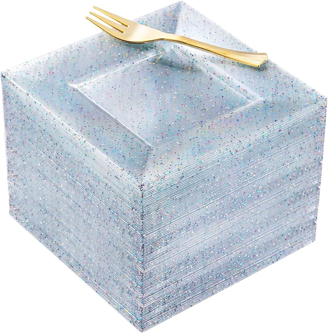 supernal 200pcs Square Plastic Dessert Plates-100pcs Gold Dessert Forks,100pcs 6inch ClearDessert Plates,cocktail plates, Clear Appetizer Plates for Pary Birthday Afternoon tea Image