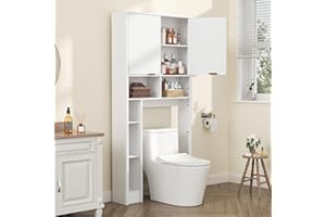 AKMAKM 31" W Over The Toilet Storage Cabinet, White | Bathroom Organizer with Adjustable Shelves, Wave-Patterned Doors & Anti-Tipping Device for Restroom, Laundry Room