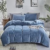 Luxlovery Blue Velvet Queen Fluffy Plush Bedding Haze Blue Sherpa Micromink Blanket Quilts Soft Heavyweight Winter Warm Comforter Set