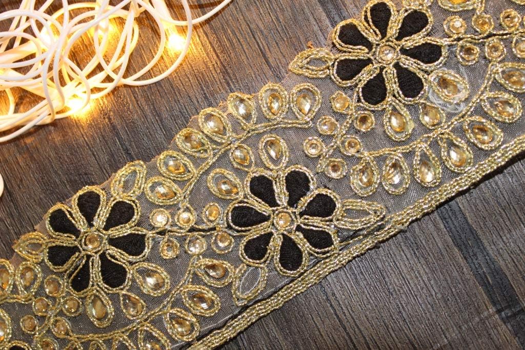 Borde de Tela Kundan Black Golden Color Trim Kundan Indian Sari Border Dress-Width 02 inches-Price for 01 Yard-IDL473