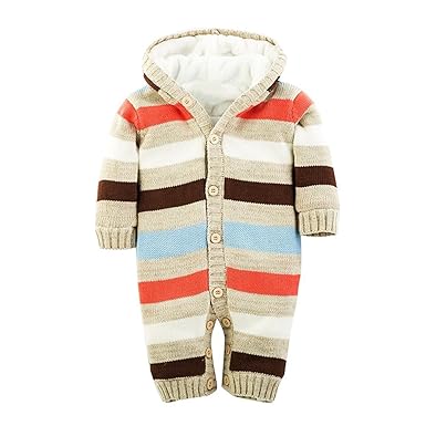 Minetom Baby Jungen Mädchen Herbst Winter Gestrickte Overalls Pullover Streifenmuster Rompers Mit Kapuze