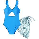 SEAUR Girls Swimsuit One Piece Cut Out Ruffle Bathing Suit Twist V Neck Swimwear with Cover Up Skirt 9-16 Years