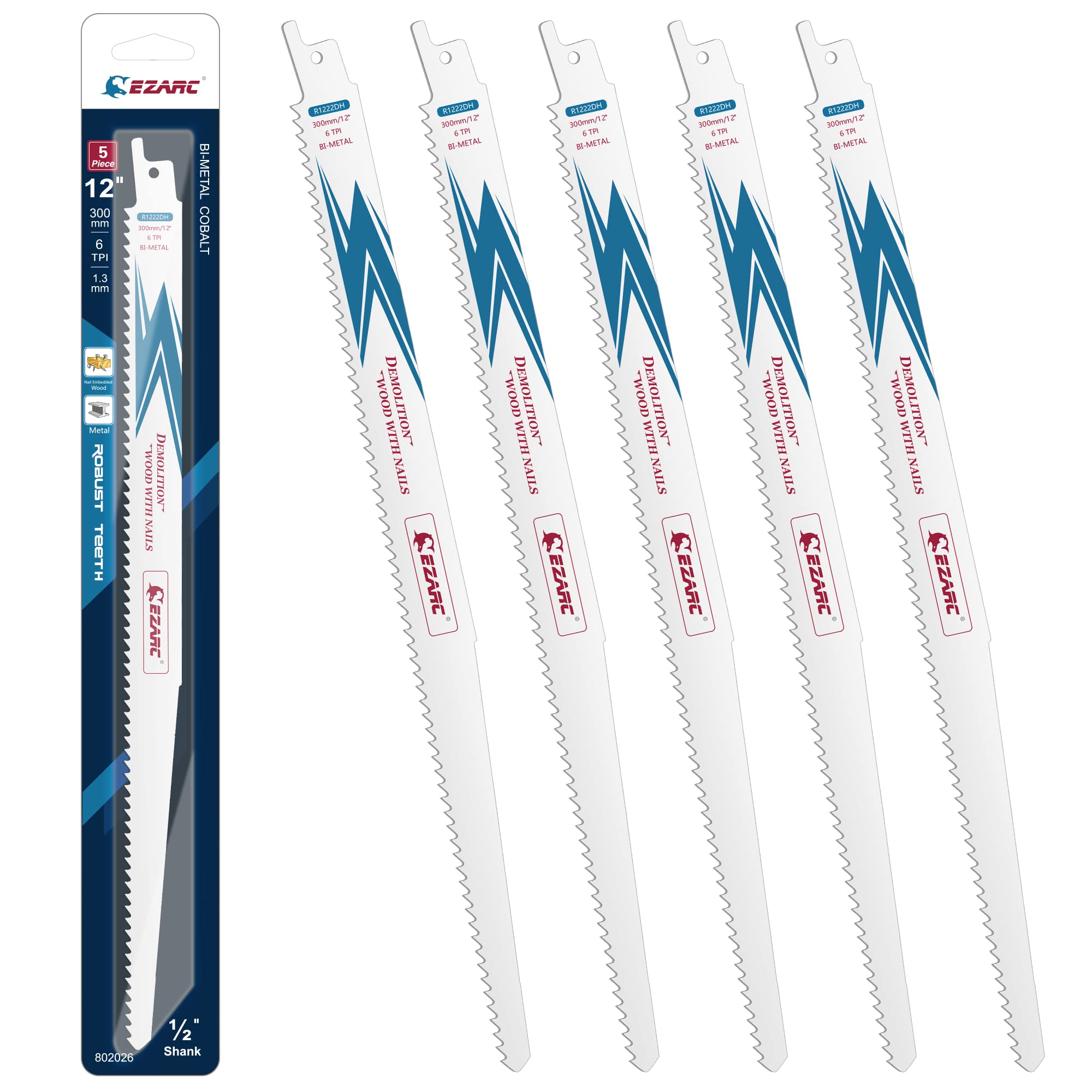 EZARC Reciprocating Saw Blade Bi-Metal Cobalt Sabre Saw Blades for Wood Demolition 300mm 6TPI R1222DH (5-Pack)