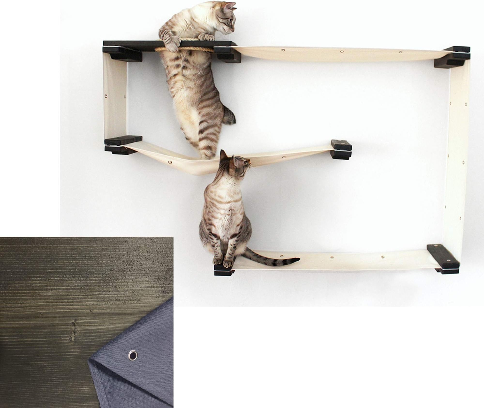 CatastrophiCreations Cat Maze Set - Handcrafted Wall Mounted Cat Tree Shelves, 52” x 31” x 11”, Onyx Bamboo/Charcoal Gray Canvas, (Pack of 1)