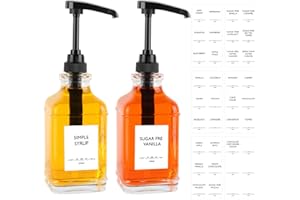 Coffee Syrup Bottles 16oz - 2 Pack Square Glass Bottles with Black Pump Dispenser for Coffee Bar and Kitchen - Including 36 L