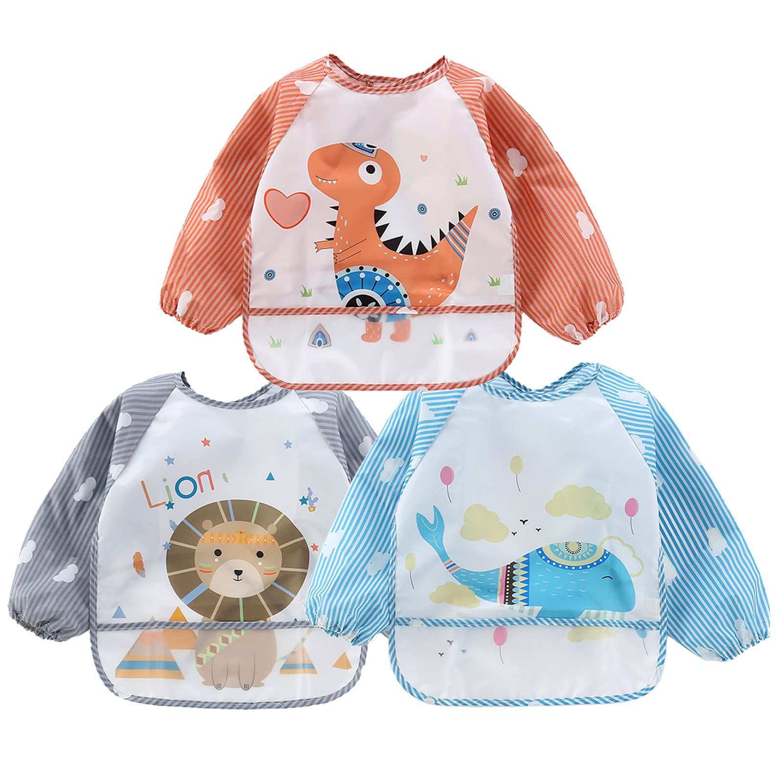 JinBei Baby Bib with Sleeves, 3PCS Long Sleeve Waterproof Feeding Bib With Large Pocket, Washable Easy to Clean for Eating and Painting, Unisex Infant Toddler 6-36 Months